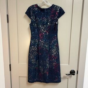 Betsey Johnson Navy Lace Overlay Colorful Floral‎ Lined Cap Sleeved Sheath Dress